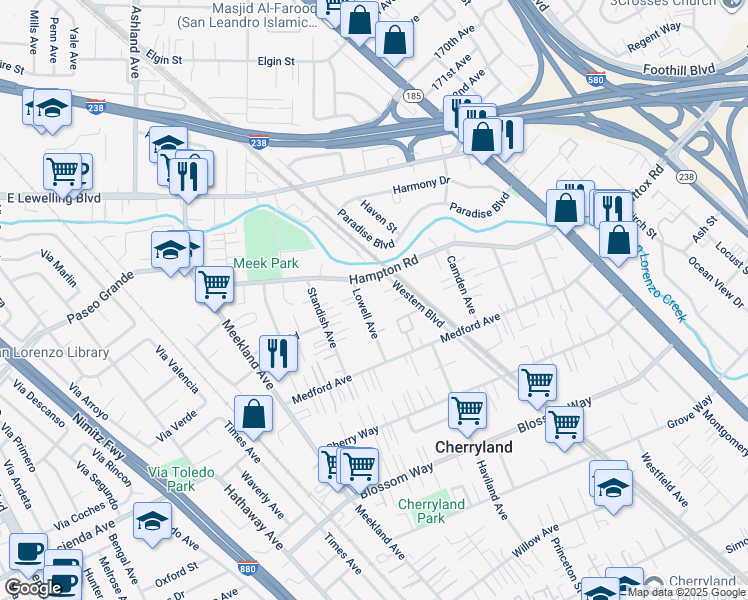 map of restaurants, bars, coffee shops, grocery stores, and more near 18948 Lowell Ave in Hayward