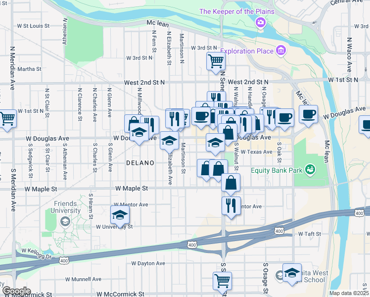 map of restaurants, bars, coffee shops, grocery stores, and more near 128 South Martinson Street in Wichita