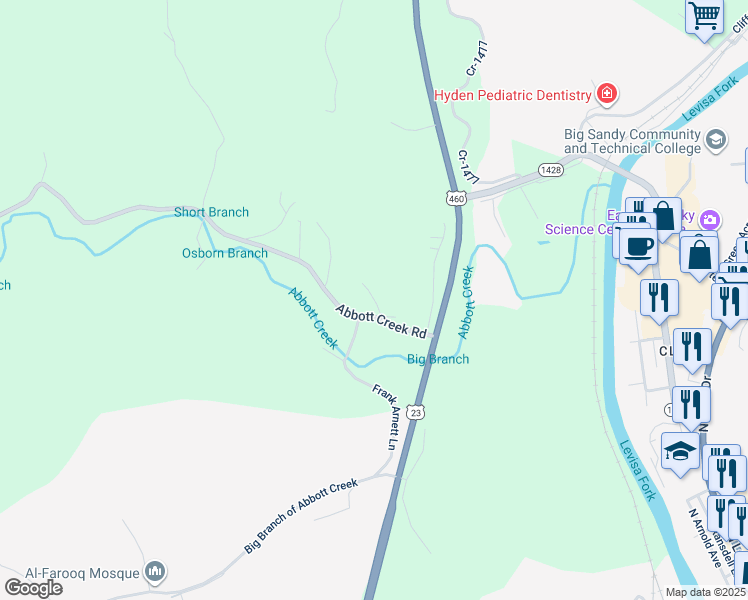 map of restaurants, bars, coffee shops, grocery stores, and more near 176 Abbott Creek Road in Prestonsburg