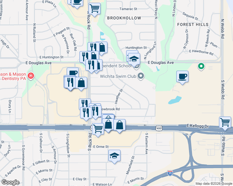 map of restaurants, bars, coffee shops, grocery stores, and more near 201 Lochinvar Street in Wichita