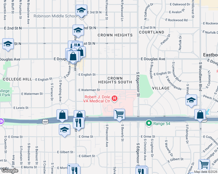 map of restaurants, bars, coffee shops, grocery stores, and more near 255 South Old Manor Road in Wichita
