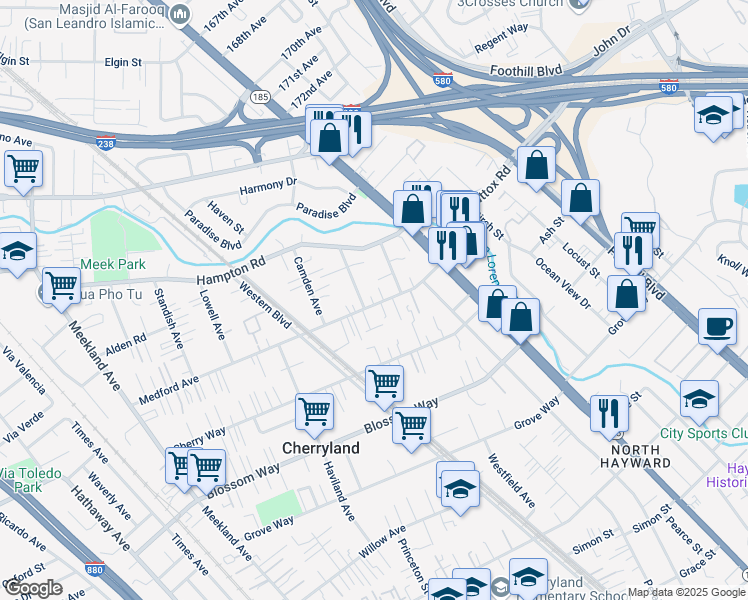 map of restaurants, bars, coffee shops, grocery stores, and more near 20905 Cardoza Court in Hayward