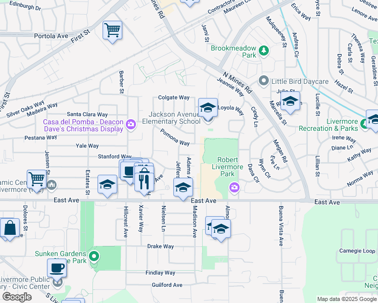 map of restaurants, bars, coffee shops, grocery stores, and more near 736 Adams Avenue in Livermore