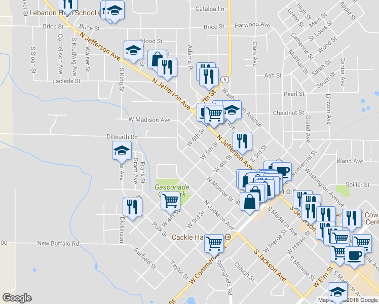 map of restaurants, bars, coffee shops, grocery stores, and more near 590 North Monroe Street in Lebanon