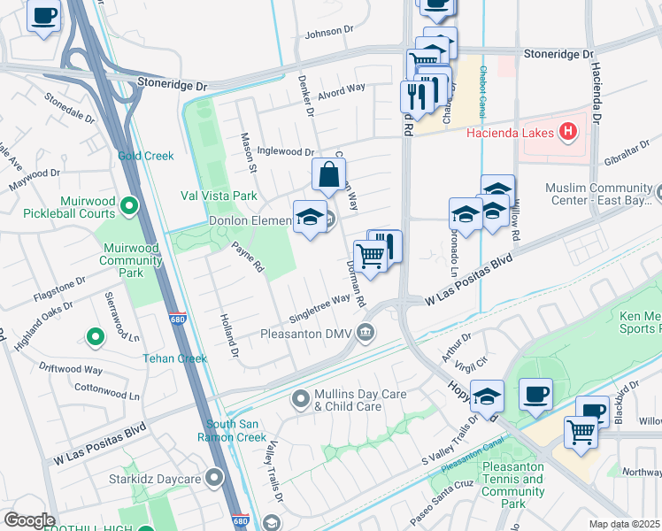 map of restaurants, bars, coffee shops, grocery stores, and more near 6386 Shorewood Court in Pleasanton