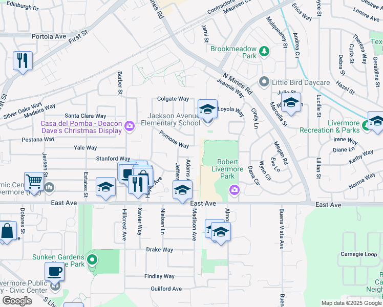 map of restaurants, bars, coffee shops, grocery stores, and more near 736 Adams Avenue in Livermore