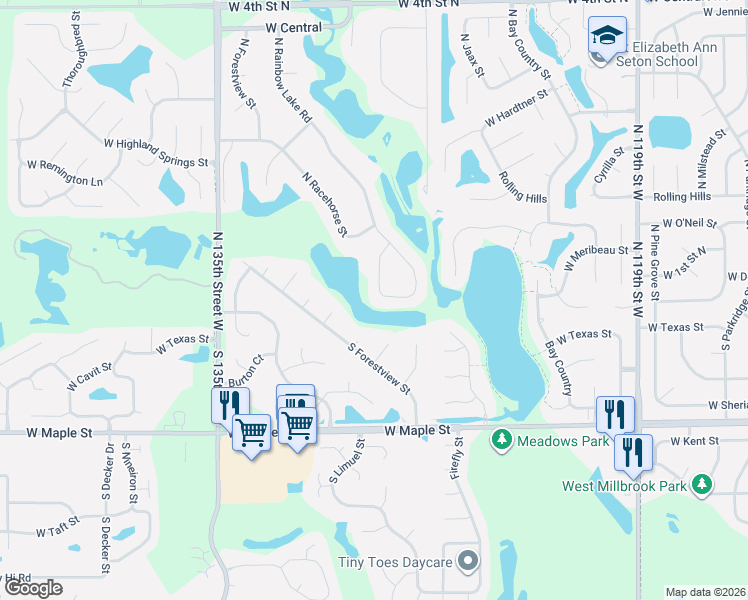 map of restaurants, bars, coffee shops, grocery stores, and more near 113 North Rainbow Lake Terrace in Wichita