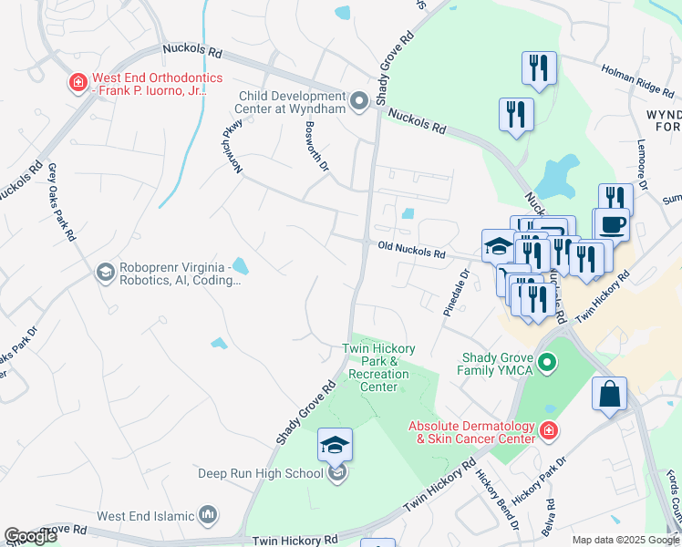 map of restaurants, bars, coffee shops, grocery stores, and more near 11705 Lincolnshire Court in Glen Allen