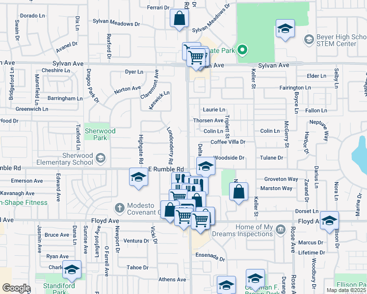 map of restaurants, bars, coffee shops, grocery stores, and more near 3109 Coffee Road in Modesto