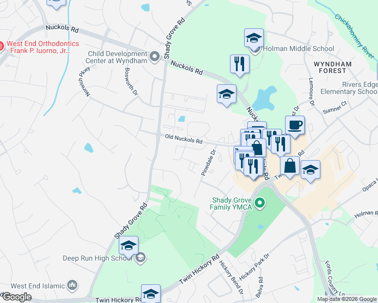 map of restaurants, bars, coffee shops, grocery stores, and more near 1345 New Haven Court in Glen Allen