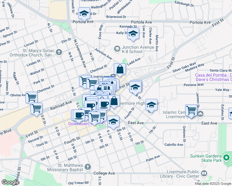 map of restaurants, bars, coffee shops, grocery stores, and more near in Livermore