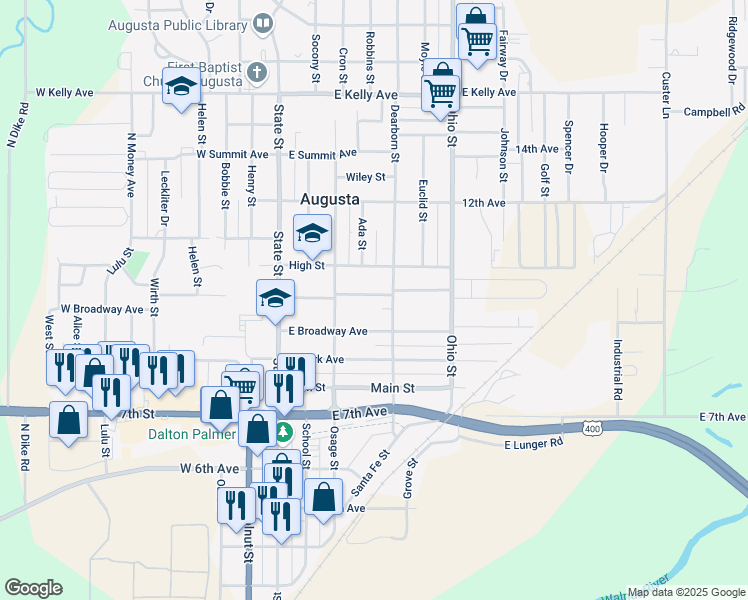 map of restaurants, bars, coffee shops, grocery stores, and more near 239 Columbia Street in Augusta