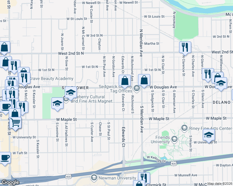 map of restaurants, bars, coffee shops, grocery stores, and more near 125 South Edwards Street in Wichita