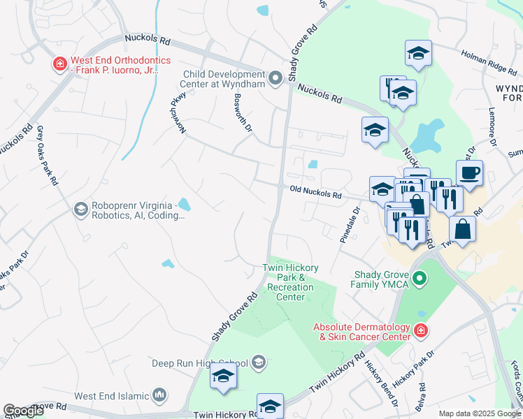 map of restaurants, bars, coffee shops, grocery stores, and more near 11705 Lincolnshire Court in Glen Allen