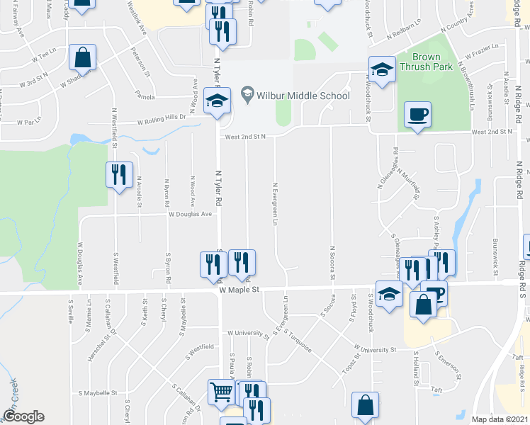 map of restaurants, bars, coffee shops, grocery stores, and more near 101 South Evergreen Lane in Wichita