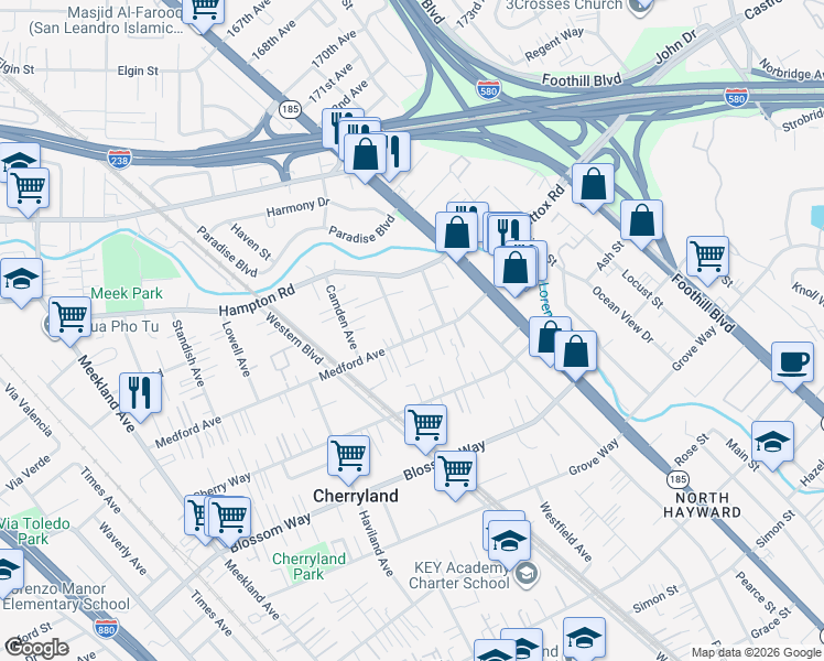 map of restaurants, bars, coffee shops, grocery stores, and more near 694 Medford Avenue in Hayward