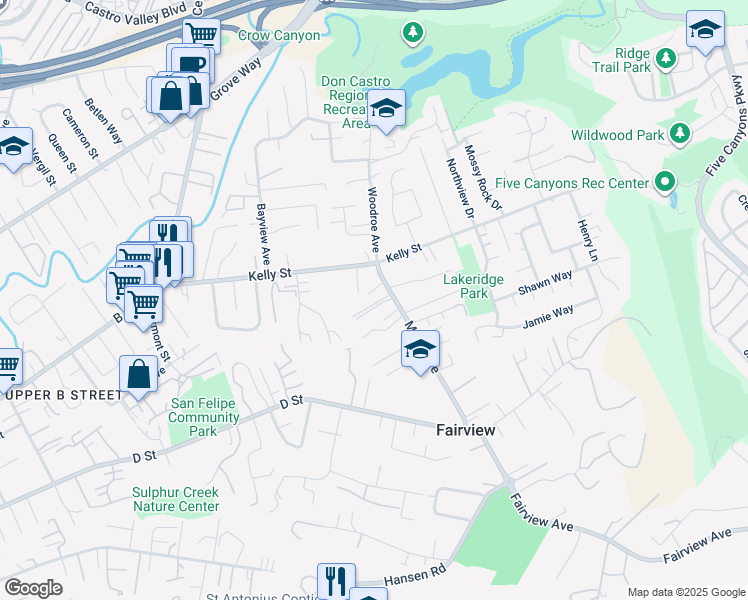 map of restaurants, bars, coffee shops, grocery stores, and more near 2740 Pepperwood Place in Hayward