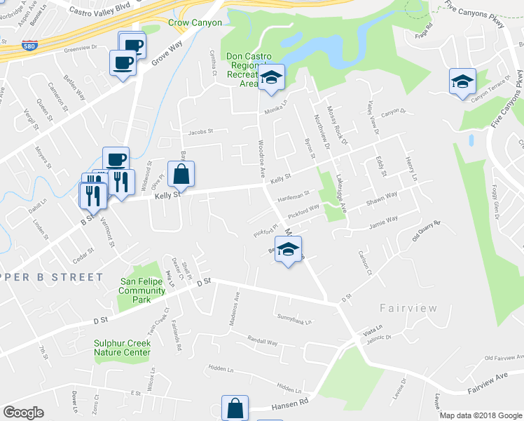 map of restaurants, bars, coffee shops, grocery stores, and more near 2740 Pepperwood Place in Hayward