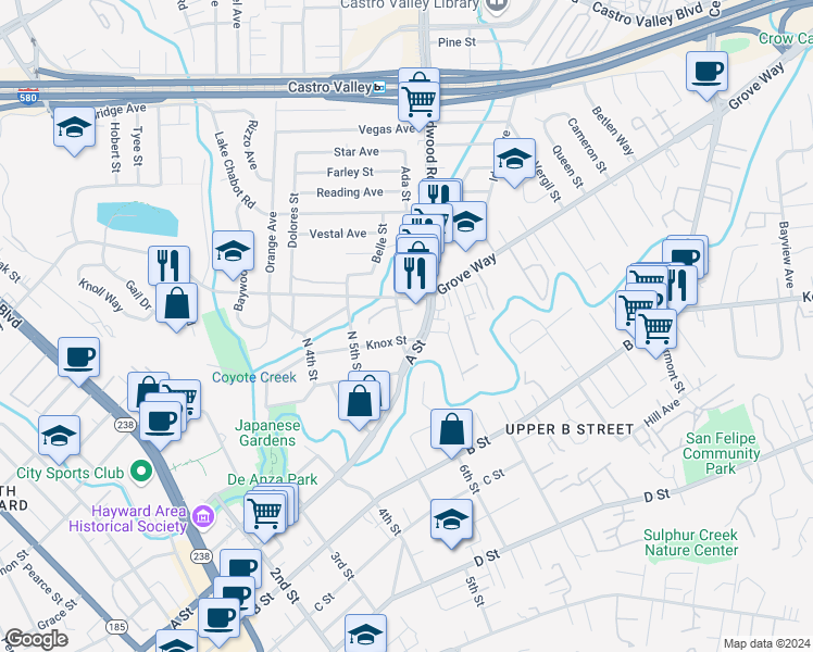 map of restaurants, bars, coffee shops, grocery stores, and more near 22260 North 6th Street in Castro Valley