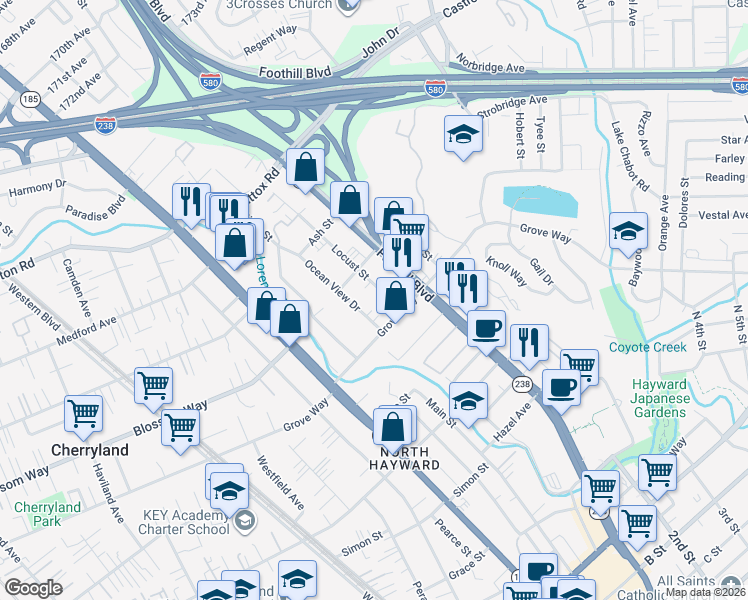 map of restaurants, bars, coffee shops, grocery stores, and more near 21411 Locust Street in Hayward