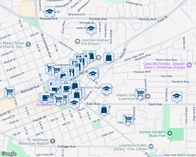 map of restaurants, bars, coffee shops, grocery stores, and more near 2762 Fourth Street in Livermore