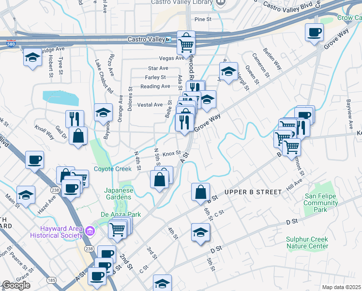map of restaurants, bars, coffee shops, grocery stores, and more near 22260 North 6th Street in Castro Valley