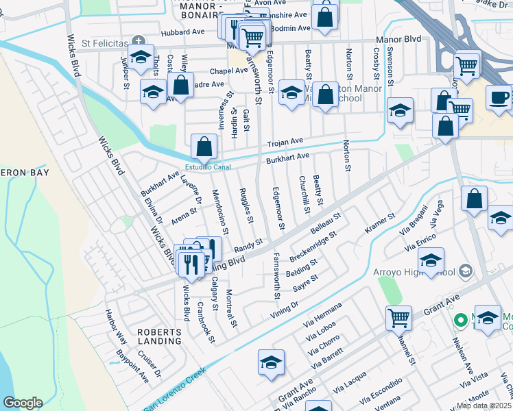 map of restaurants, bars, coffee shops, grocery stores, and more near 15351 Farnsworth Street in San Leandro
