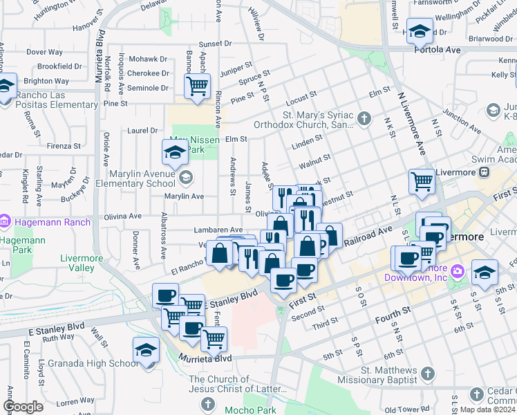 map of restaurants, bars, coffee shops, grocery stores, and more near 1430 Olivina Avenue in Livermore