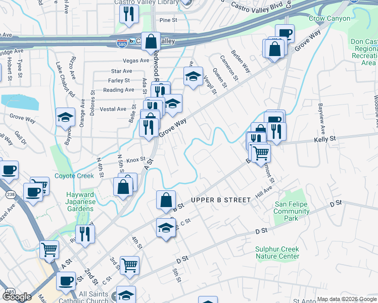 map of restaurants, bars, coffee shops, grocery stores, and more near 2441 Grove Way in Hayward