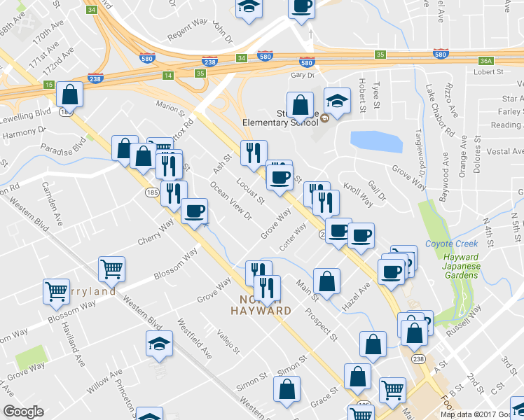 map of restaurants, bars, coffee shops, grocery stores, and more near 21438 Ocean View Drive in Hayward
