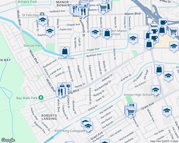 map of restaurants, bars, coffee shops, grocery stores, and more near 15367 Dewey Street in San Leandro