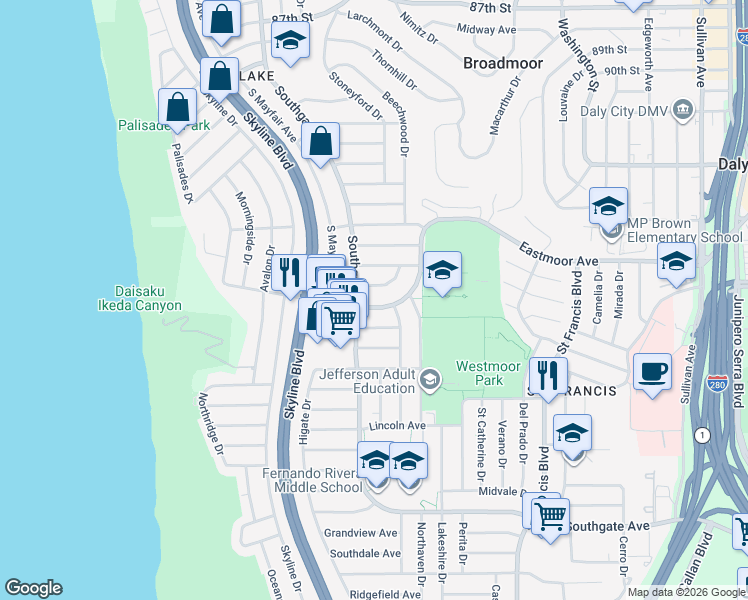 map of restaurants, bars, coffee shops, grocery stores, and more near 180 Westmoor Avenue in Daly City