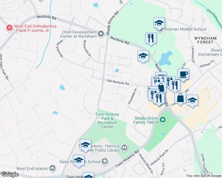 map of restaurants, bars, coffee shops, grocery stores, and more near 1673 New Haven Place in Glen Allen