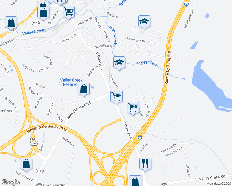 map of restaurants, bars, coffee shops, grocery stores, and more near 714 Hawkins Drive in Elizabethtown