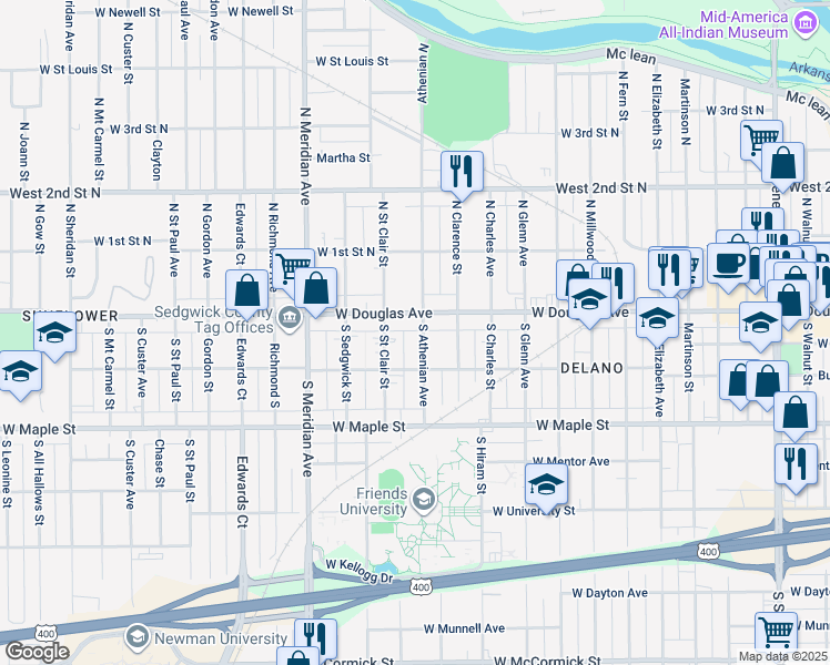 map of restaurants, bars, coffee shops, grocery stores, and more near 124 Athenian South in Wichita