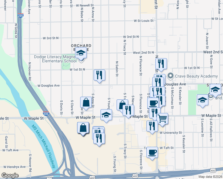 map of restaurants, bars, coffee shops, grocery stores, and more near 131 South Young Street in Wichita