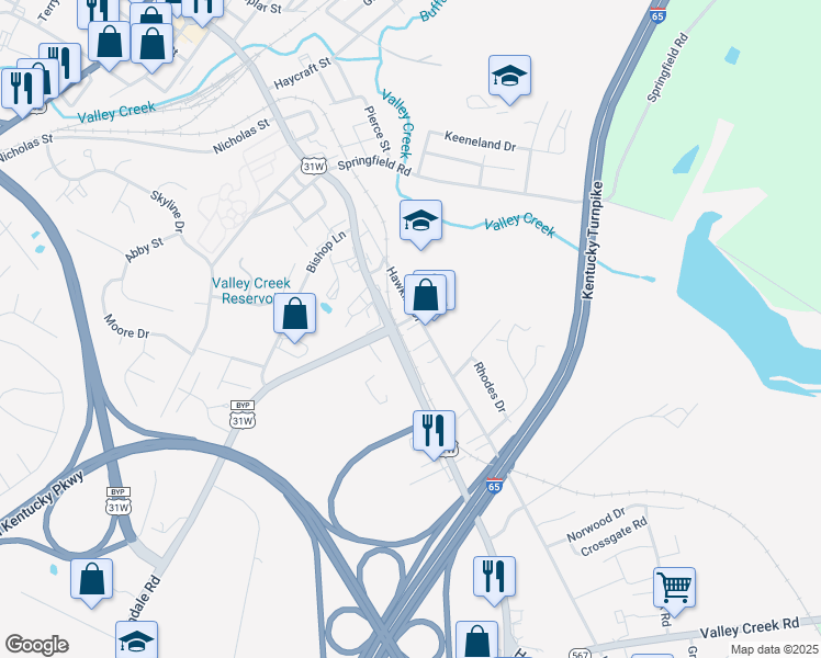 map of restaurants, bars, coffee shops, grocery stores, and more near 714 Hawkins Drive in Elizabethtown