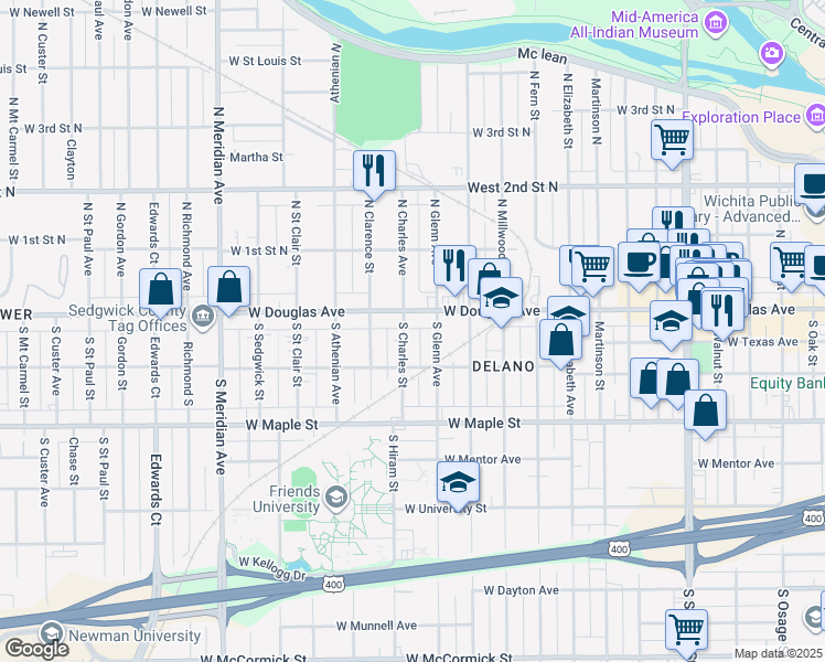 map of restaurants, bars, coffee shops, grocery stores, and more near 122 South Charles Street in Wichita