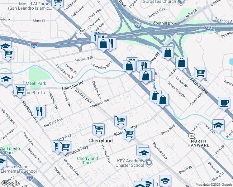 map of restaurants, bars, coffee shops, grocery stores, and more near 694 Medford Avenue in Hayward