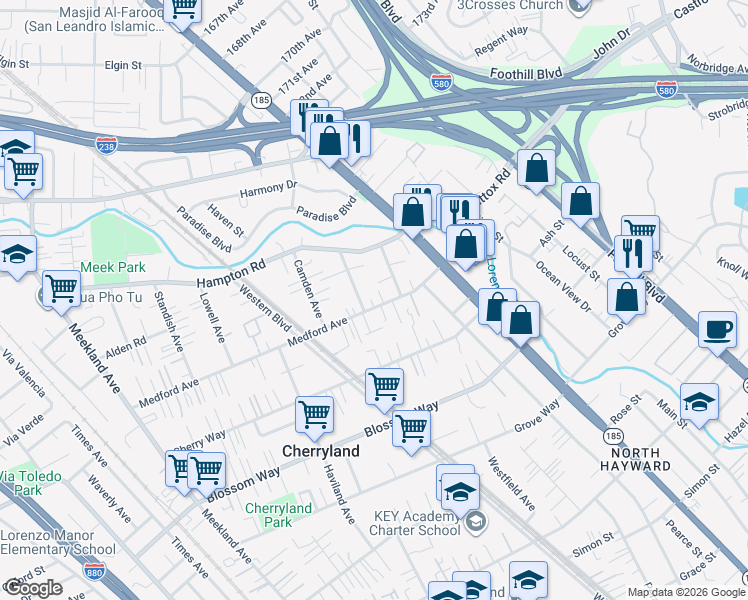 map of restaurants, bars, coffee shops, grocery stores, and more near 736 Medford Avenue in Hayward