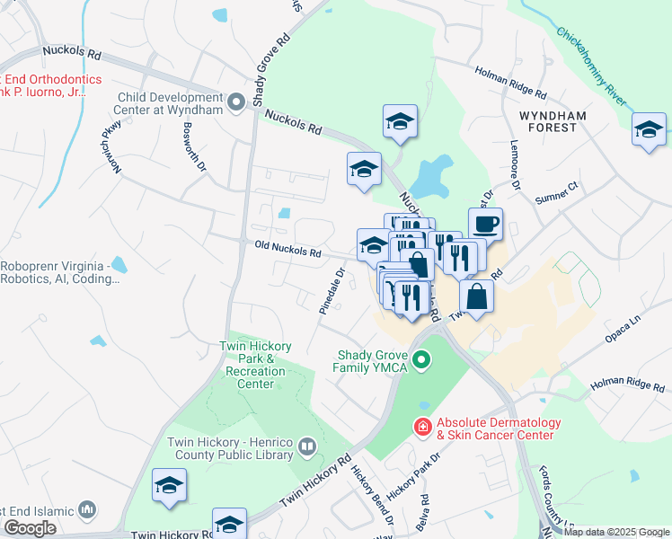map of restaurants, bars, coffee shops, grocery stores, and more near 11536 Pinedale Drive in Glen Allen
