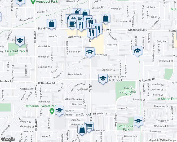 map of restaurants, bars, coffee shops, grocery stores, and more near 3025 Tully Road in Modesto