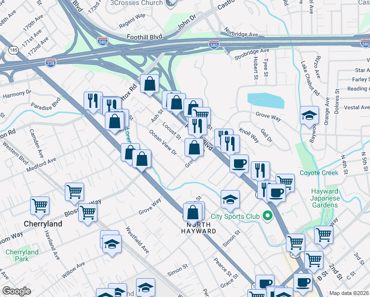 map of restaurants, bars, coffee shops, grocery stores, and more near 21438 Ocean View Drive in Hayward