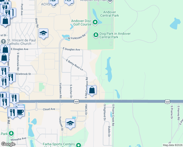 map of restaurants, bars, coffee shops, grocery stores, and more near 300 South McCandless Road in Andover