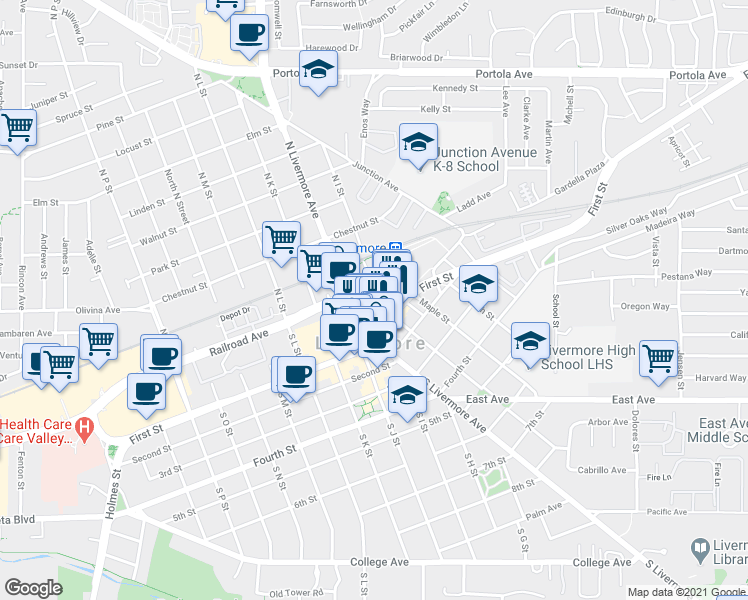 map of restaurants, bars, coffee shops, grocery stores, and more near 2400 First Street in Livermore