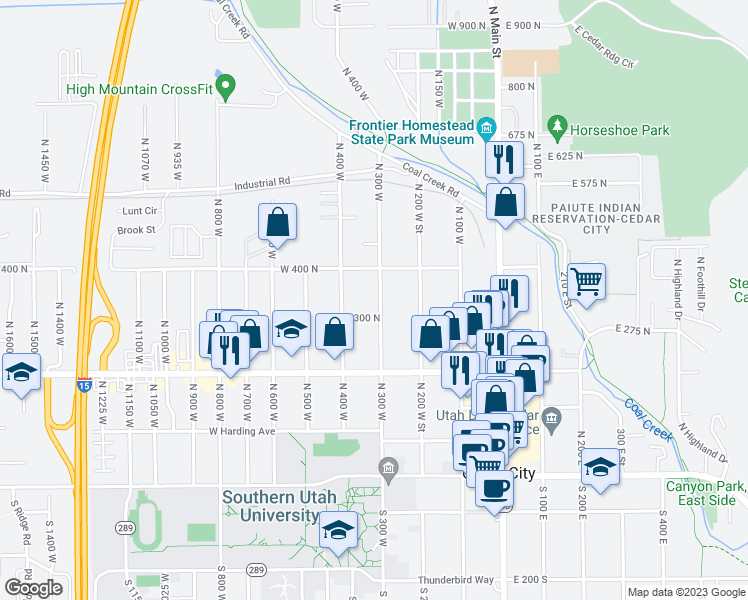 map of restaurants, bars, coffee shops, grocery stores, and more near 345 North 300 West in Cedar City
