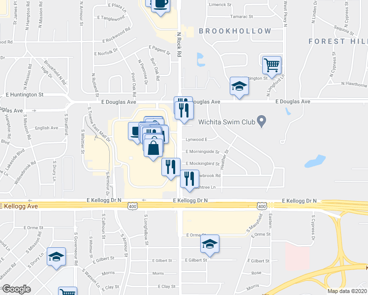 map of restaurants, bars, coffee shops, grocery stores, and more near 8002 Morningside Street in Wichita