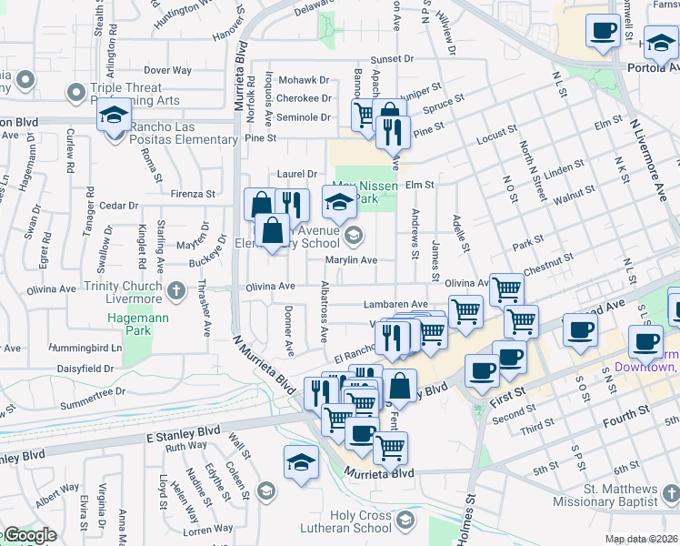 map of restaurants, bars, coffee shops, grocery stores, and more near 802 Olivina Avenue in Livermore