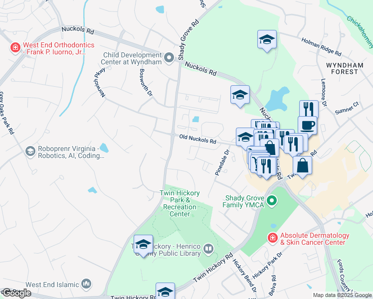 map of restaurants, bars, coffee shops, grocery stores, and more near 1673 New Haven Place in Glen Allen