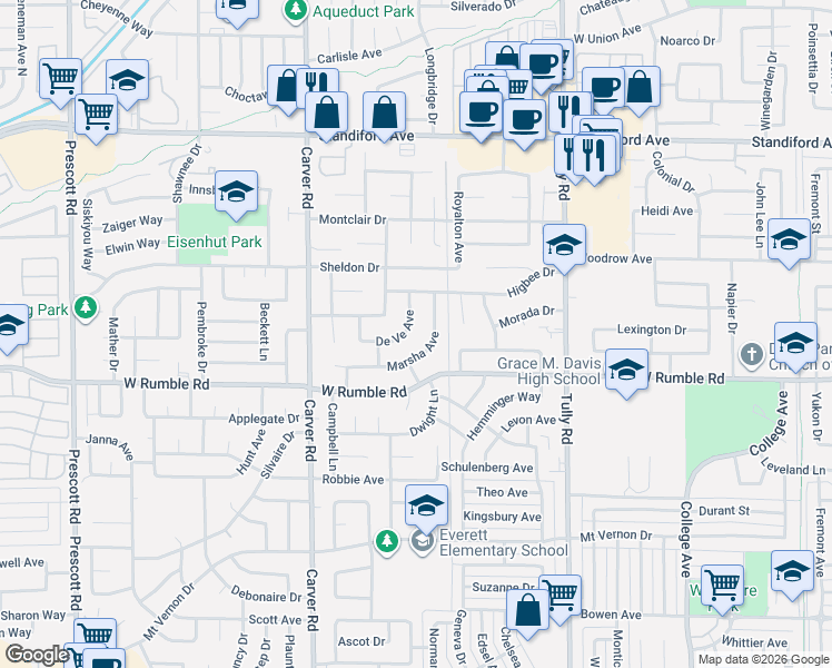 map of restaurants, bars, coffee shops, grocery stores, and more near 1528 De Ve Avenue in Modesto